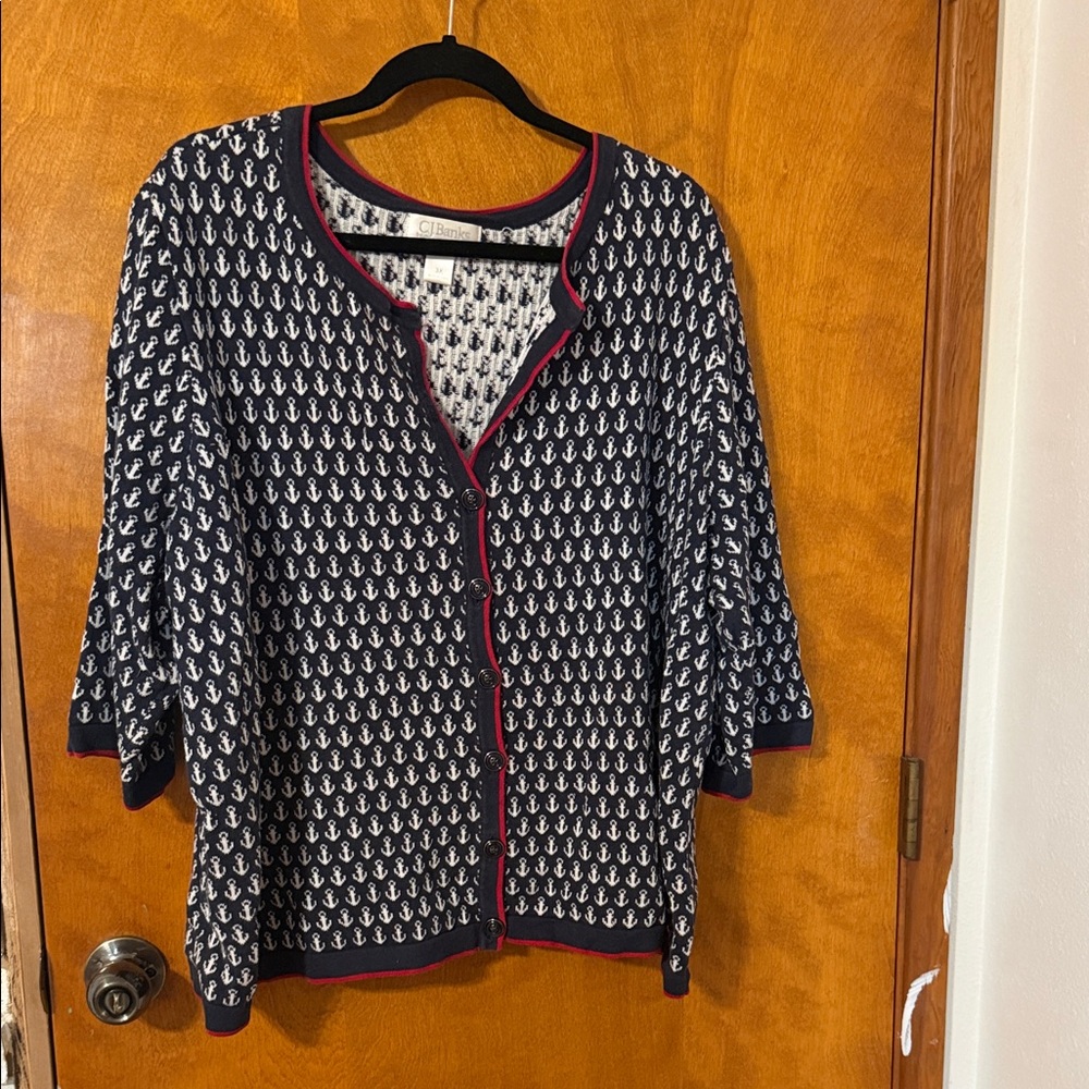 CJ Banks Navy and White Anchor Print Short Cardigan with red Trim